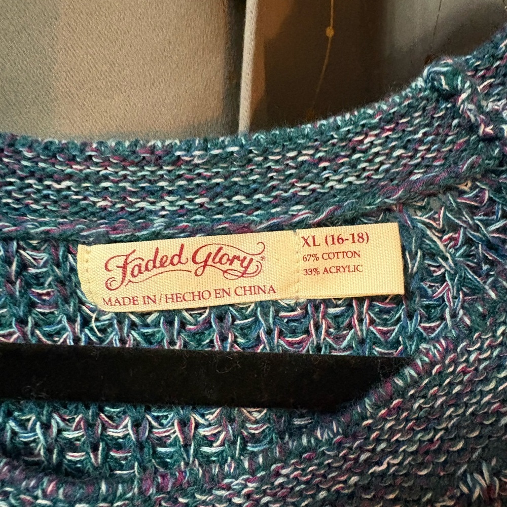 Faded Glory Blue Crew Neck Sweater with Geometric Pattern